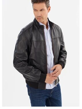 Classic Black Leather Bomber Jacket - Timeless Casual Layer